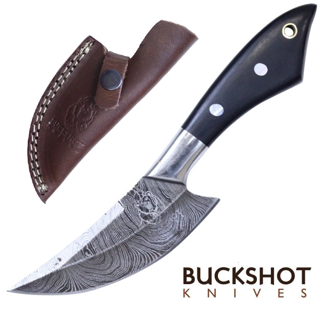 product image for Buckshot Damascus Steel Hunting Knife Full Tang Skinner with Horn Handle and Sheath