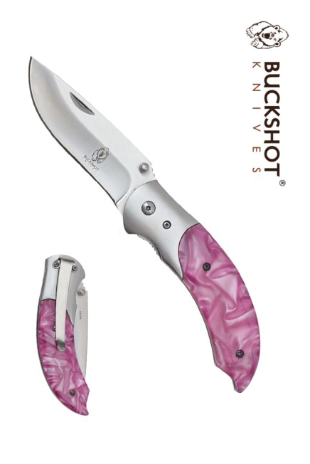 Buckshot Spring Assisted Folding Knife Silver Blade Pink Marble Hunter