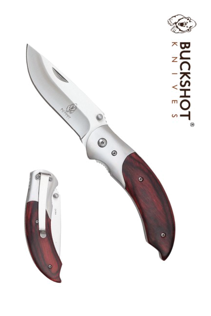 product image for Buckshot Spring Assisted Folding Knife Silver Blade Brown Wood