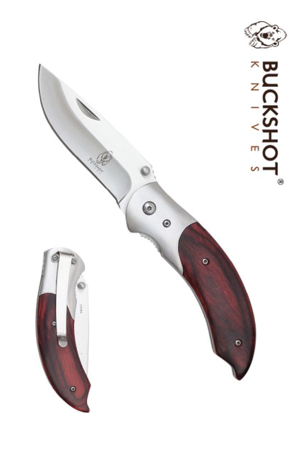 Buckshot Spring Assisted Folding Knife Silver Blade Brown Wood