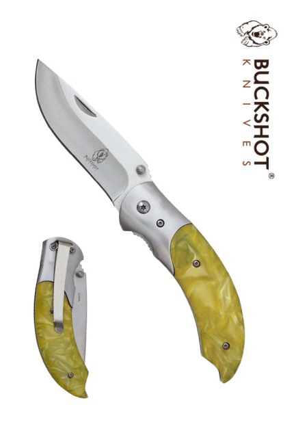 Buckshot Yellow Marble Hunter Spring Assisted Folding Knife 3.5 Silver Blade