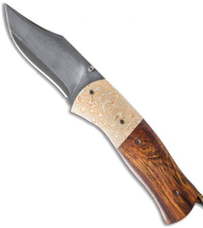 product image for Burr Oak Folding Bowie Knife Ironwood Mokume San Mai Damascus