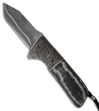 product image for Burr Oak Knives Tanto Prototype Flipper Black/White Micarta San Mai Damascus