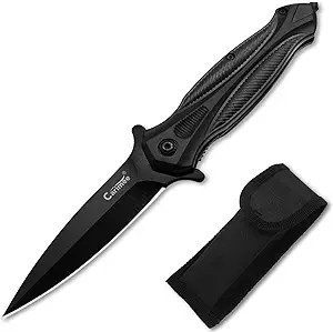 product image for Carimee Folding Pocket Knife Black Spear Point D2 Steel Blade with Sheath and Glass Breaker