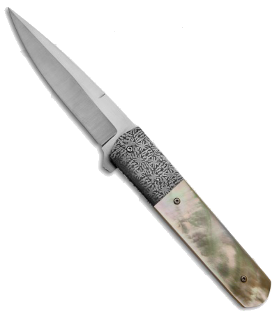 product image for Chuck Gedraitis Gold Lip Pearl Stiletto Flipper Knife CPM-154 Damascus