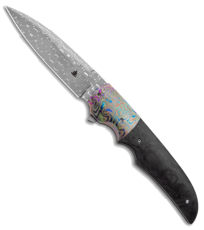 product image for Clark Custom Marbled Carbon Fiber DP Flipper Frame Lock Knife Damascus Blade