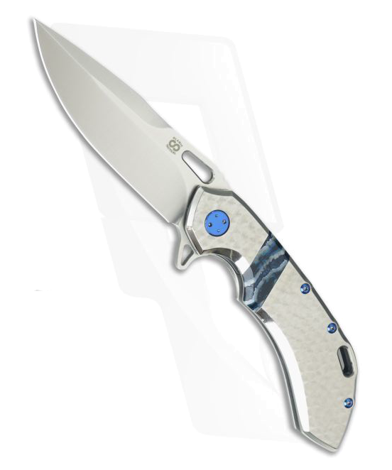 Custom Blue Olamic Cutlery Wayfarer 247 Jeweled Ti with Mammoth Tooth Inlay Satin M390 Flipper