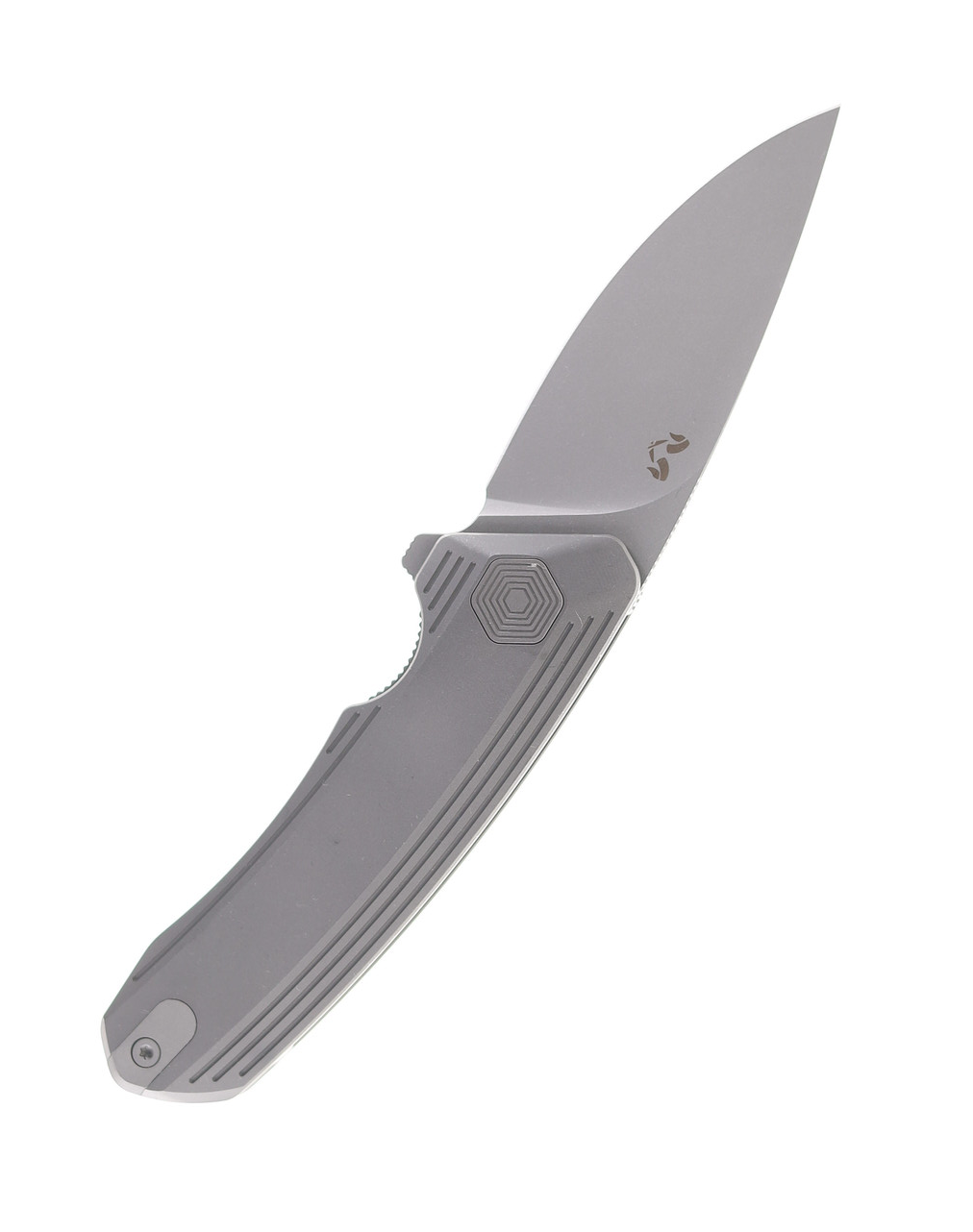 product image for Damned Designs Invictus Folding Knife Stonewash Titanium Handle S35VN Drop Point Plain Edge Stonewash Finish