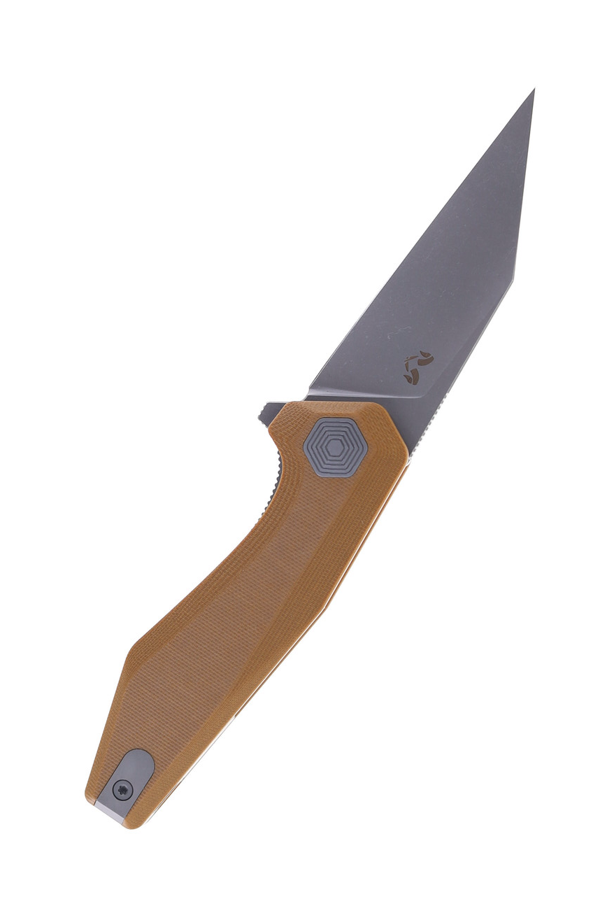 product image for Damned Designs Fenrir Folding Knife Tan G10 Handle 154CM Wharncliffe Plain Edge Stonewash Finish