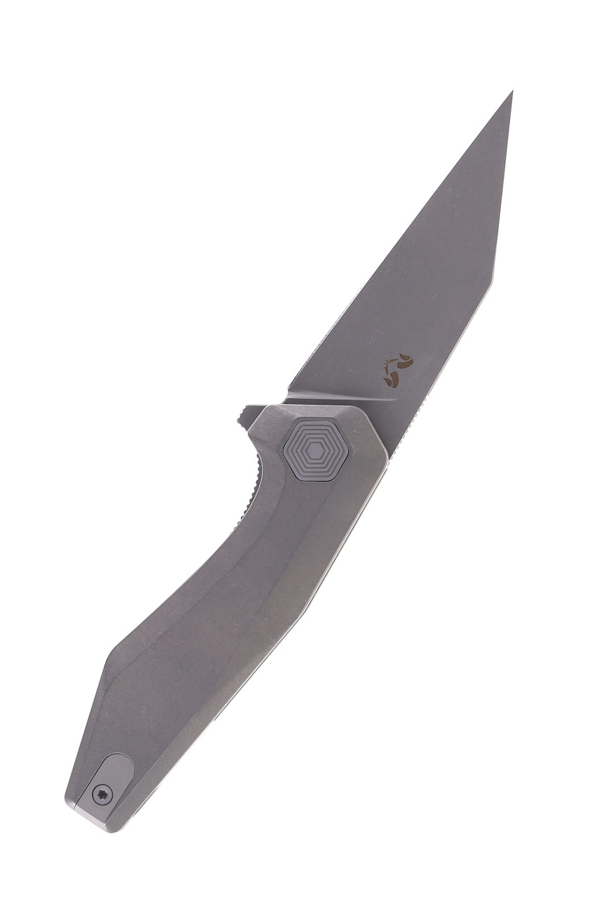 product image for Damned Designs Fenrir Folding Knife Stonewash Titanium Handle 154 CM Wharncliffe Plain Edge Stonewash Finish