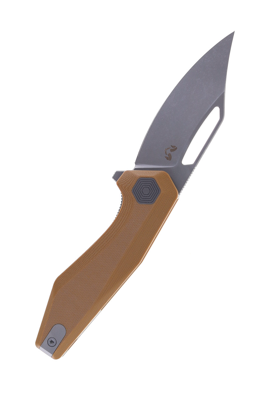 product image for Damned Designs Hades Folding Knife Tan G10 Handle 154CM Stonewash Finish