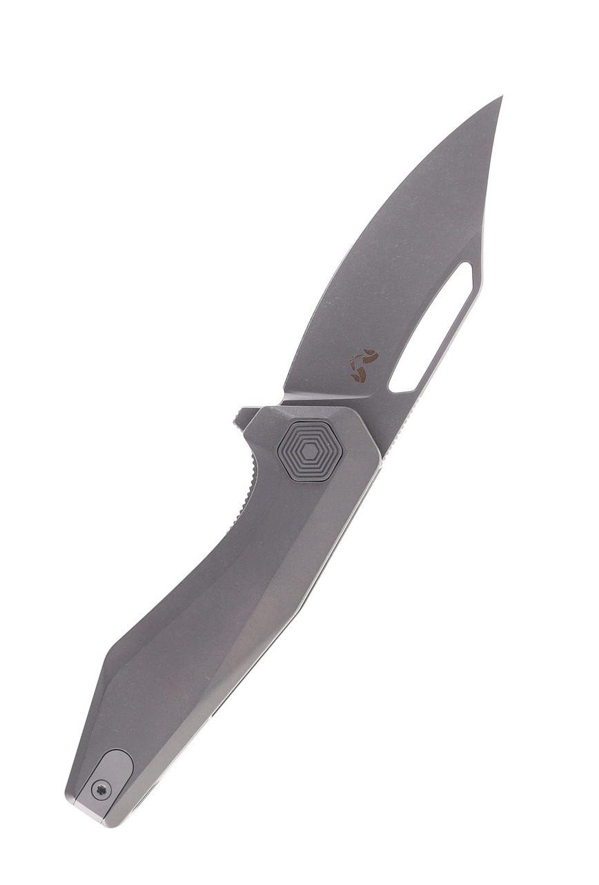 product image for Damned-Design Hades Titanium 154 CM Bowie Plain Edge Stonewash Finish Folding Knife