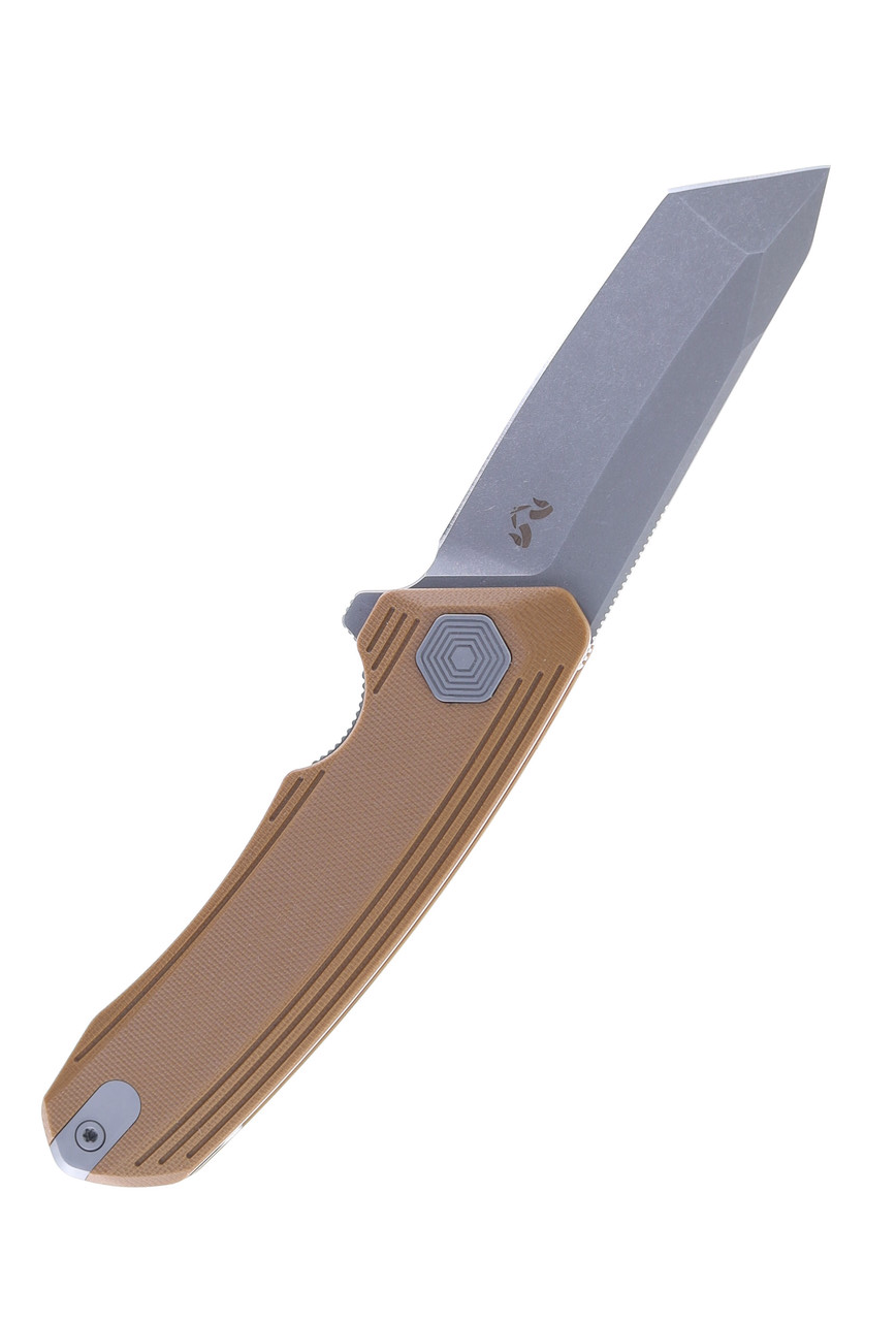 product image for Damned Designs Wendigo Tan G10 Folding Knife N690 Tanto Stonewash Finish