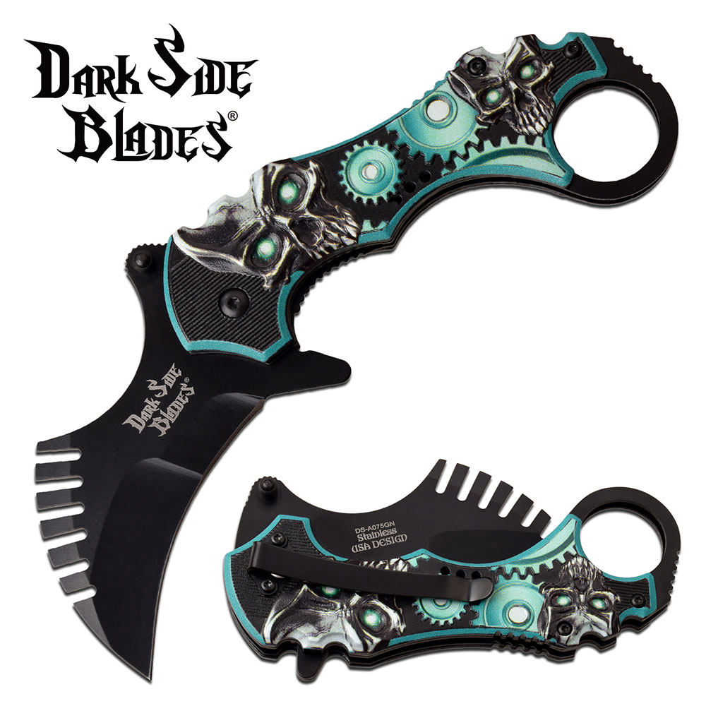 product image for Dark-Side Spring Assist Folding Knife 2.75 Black Blade Robot Skull Karambit Green Model Number Needed