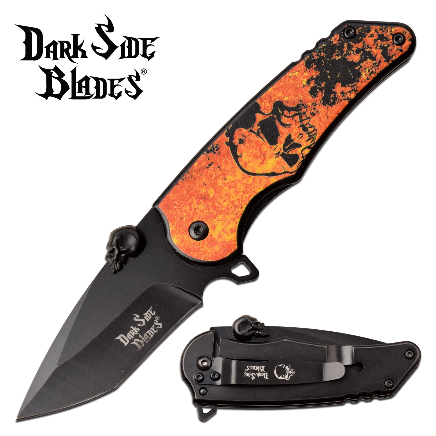 product image for Dark Side DS-A083-OR Spring Assist Folding Knife Orange Black Skull Tactical