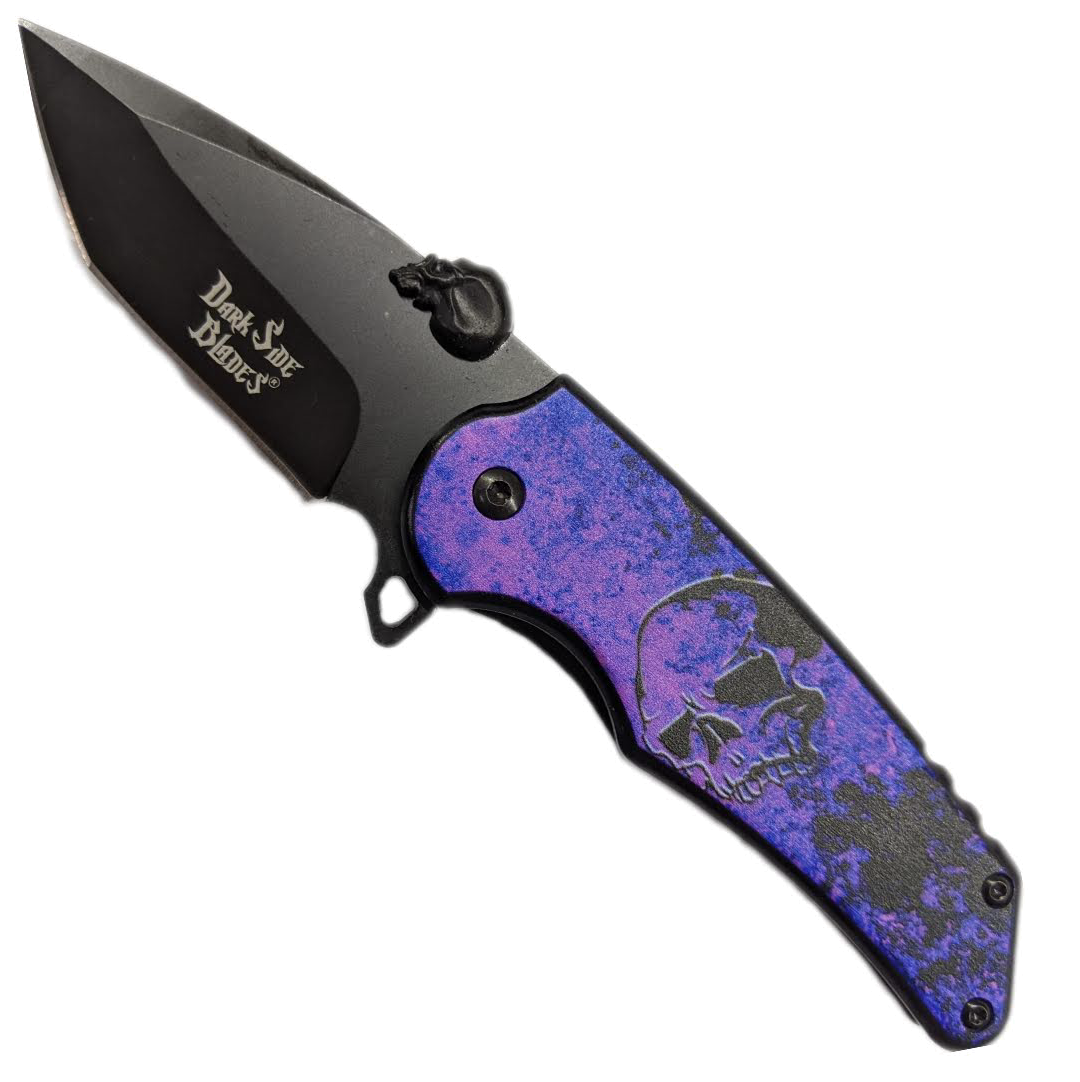 product image for Dark Side Spring Assist Folding Knife Black Purple Skull Tactical