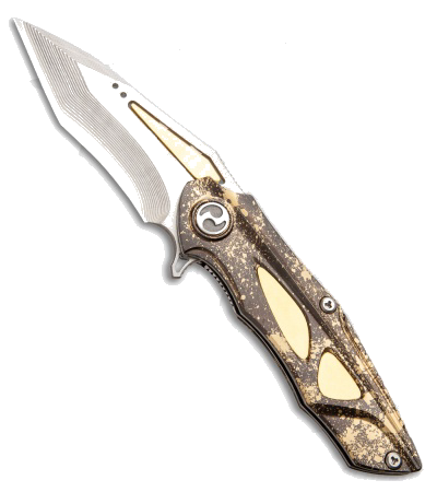 product image for Dew Hara Brass Noah Custom Folding Knife VG-10 Damascus Mirror Polish