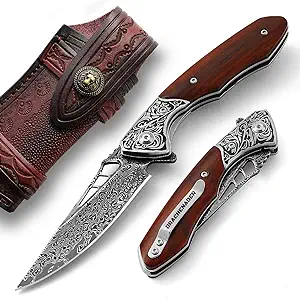 product image for DRACHENADER Yellow Sandalwood Damascus Steel Folding Knife Model No. Not Provided