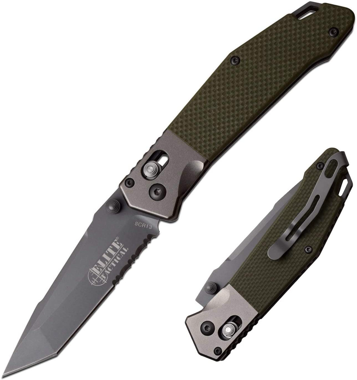 product image for Elite Tactical ET-1027 Green Rapid Lock Knife with Aluminum Handle and Combo Tanto Blade