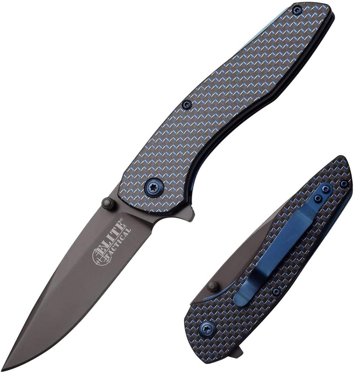 product image for Elite Tactical ET 1014 Black Blue CF Handle Frame Lock Knife