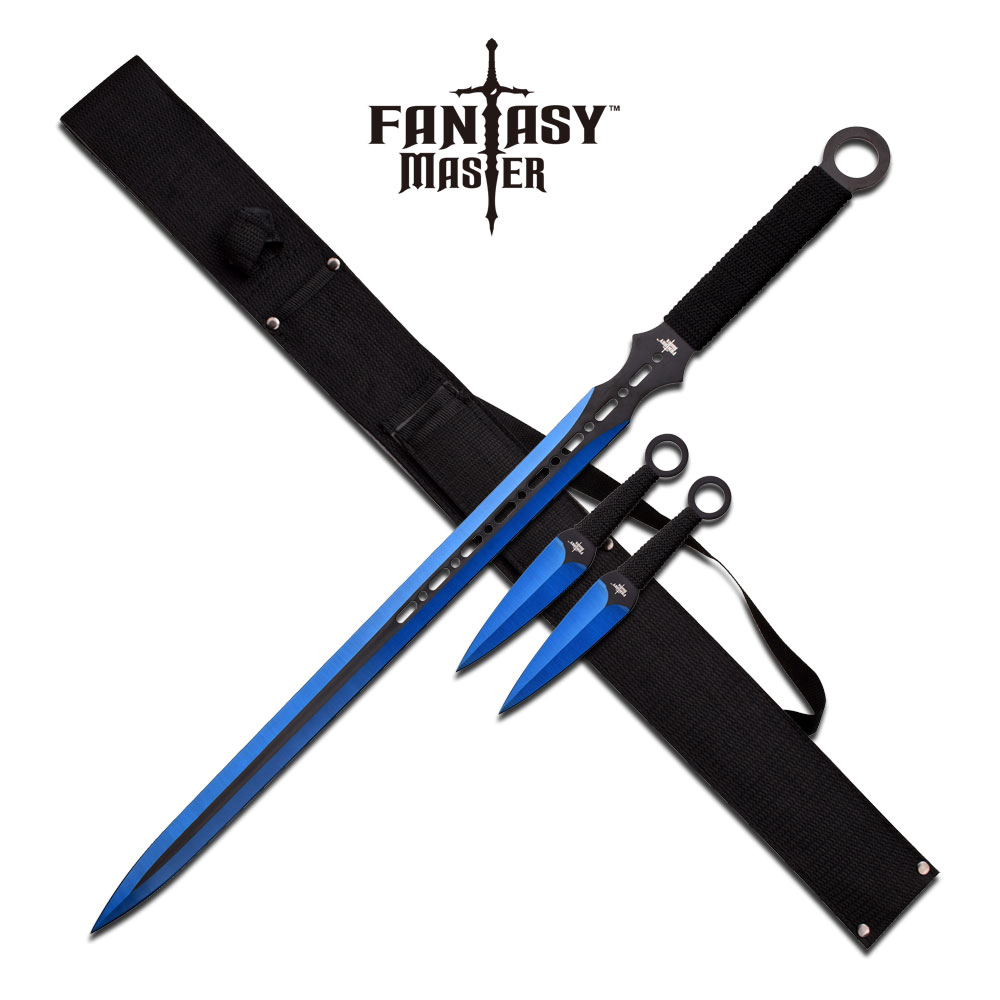 product image for Fantasy Master Blue 3Cr13 Double Edge Sword and Throwing Knives Set