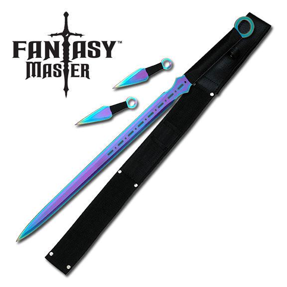 product image for Fantasy-Master Black Rainbow Blade Double Edge Ninja Sword Set with 2 Kunai Throwing Knives