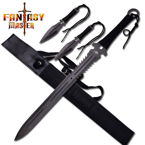 Fantasy Master Black 18.25" 3Cr13 Stainless Steel Long Sword with Two Black Throwing Knives product image
