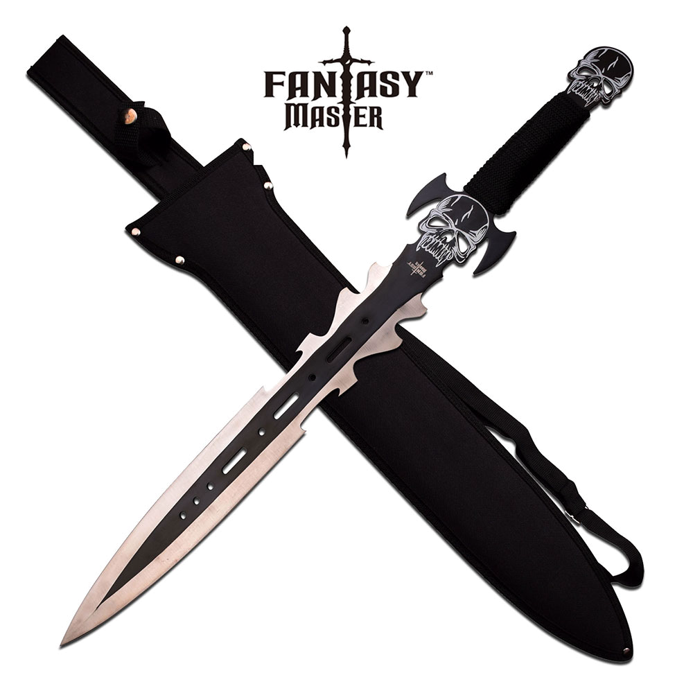 product image for Fantasy-Master Black Gray 3Cr13 Stainless Steel Short Sword with Skull Graphics Handle and Nylon Scabbard