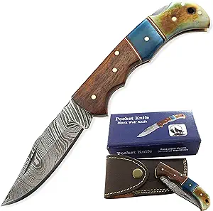 product image for Black Wolf BW-5157 Damascus Steel Folding Pocket Knife with Camel Bone Handle and Leather Sheath