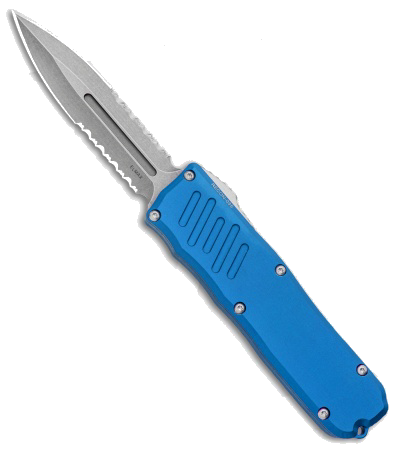 Guardian Tactical RECON-035 Blue Handle OTF Automatic Knife with Stonewashed Partially Serrated Dagger Blade