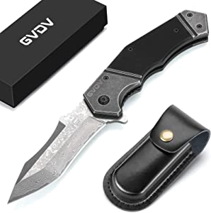 product image for GVDV Damascus Steel Black Pocket Knife Folding with Leather Sheath