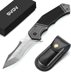 product image for GVDV Damascus Steel Black Pocket Knife G10 Handle Folding Knife with Leather Sheath