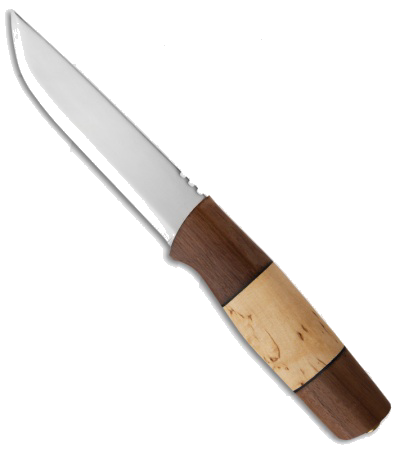 Helle Brakkar Fixed Blade Knife Walnut/Curly Birch Handle Triple Laminated Stainless Steel Blade with Leather Sheath product image