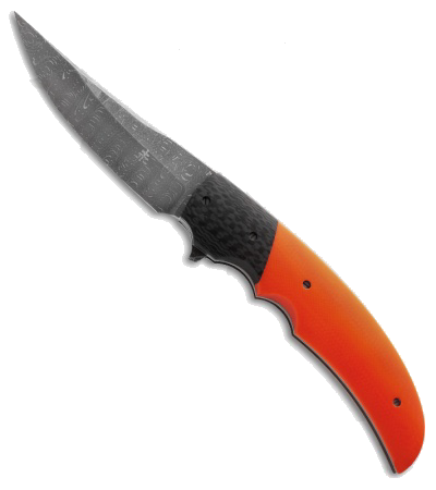 product image for Jason Clark Custom Upswept Flipper Orange G-10 CF Damascus Steel Knife