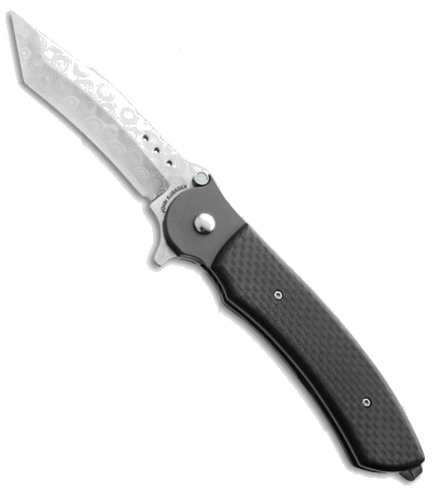 product image for John Kubasek Custom Fighting Tanto Recurve Flipper Knife Carbon Fiber Damasteel Blade