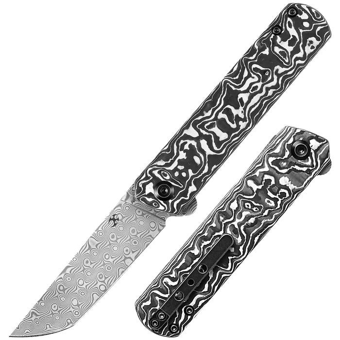 product image for KANSEPT Foosa Black White Carbon Fiber Slip Joint Flipper Knife Damascus Blade Rolf Helbig Design K2020T1