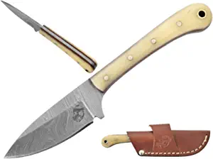 Knives Ranch Model 2011-B Damascus Steel Cowboy Style Knife with Cattle Bone Handle and Horizontal Carrying Sheath