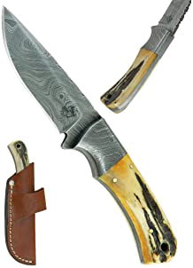 product image for Knives Ranch Red Stag Antler Handle Damascus Steel Model 2142-SG Knife with Leather Sheath