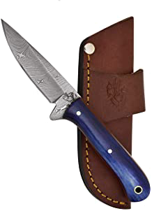 product image for Knives Ranch Damascus Steel Model 3056-BLU Paring Knife with Blue Stained Cattle Bone Handle and Horizontal Cowboy Cross Draw Leather Sheath