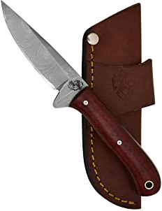 product image for Knives Ranch Damascus Model 3056-Scarlet Paring Knife with Scarlet Burlap Micarta Handle and Horizontal Cowboy Cross Draw Leather Sheath