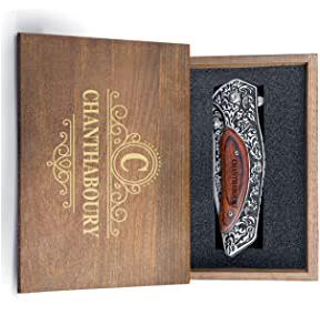 product image for Krezy-Case Stainless Steel Folding Pocket Knife with Wooden Handle and Engraved Box