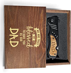 product image for Krezy-Case Black Stainless Steel Folding Pocket Knife with Wooden Box - Model Unknown