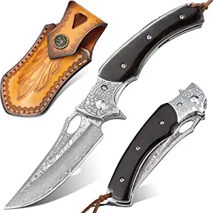 product image for Lothar Damascus Black Pocket Knife VG10 Folding Knife with Leather Sheath