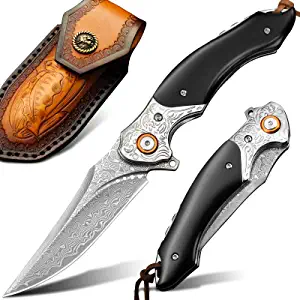 product image for Lothar Black Damascus Pocket Knife VG-10 Folding Knife with Retro Leather Sheath