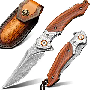 product image for LOTHAR Damascus VG 10 Yellow Sandalwood Pocket Knife with Leather Sheath