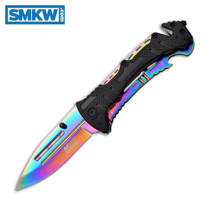 product image for MTech USA Black and Rainbow Ballistic Spring Assisted Rescue Knife