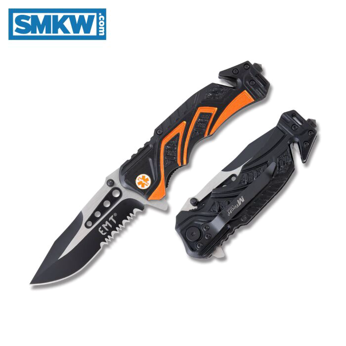 product image for MTech-USA Orange and Black EMT Spring Assisted Folding Knife 3.5" 3Cr13 Serrated Clip Point Blade