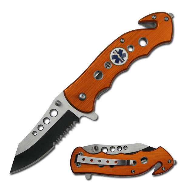 product image for Master Orange EMT Serrated Spring Assisted Folding Rescue Knife