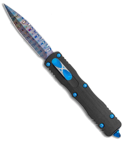 Microtech Dirac Delta D E Spike Grind OTF Knife Blue Hefted Aluminum Sharktooth