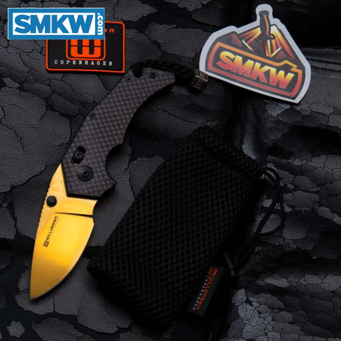 product image for Mikkel Willumsen Copenhagen Red E Linerlock Folding Knife Gold Carbon Fiber